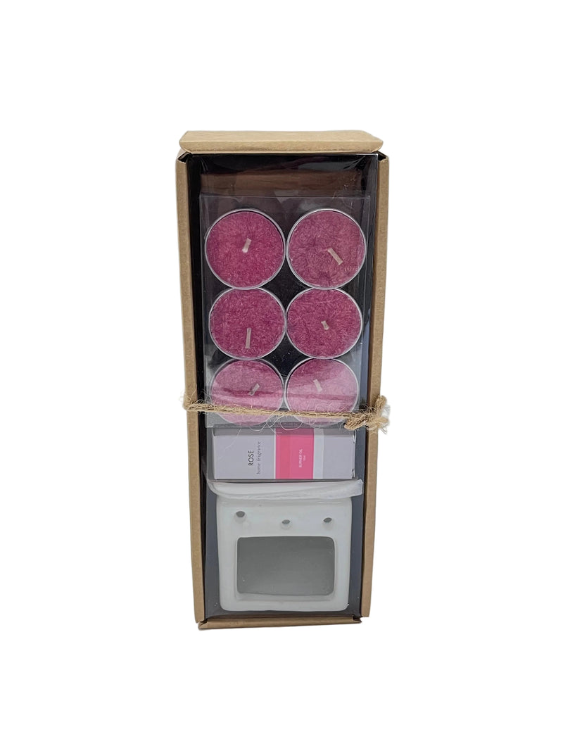 GIFT SET-TEALIGHT CANDLE/AROMA OIL/ BURNER ROSE DT
