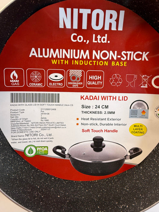 KADAI WITH GLASS LID IH SOFT TOUCH HANDLE 24cm CS